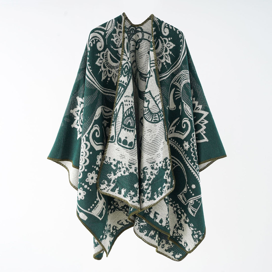 Women's jacquard throw poncho with double-sided woven texture and decorative stitch edge Mune Fashion