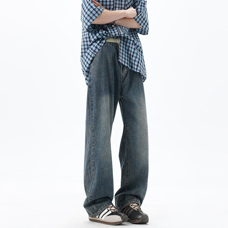 Men's Loose Denim Jeans with Vintage Wash and Drop Crotch Mune Fashion
