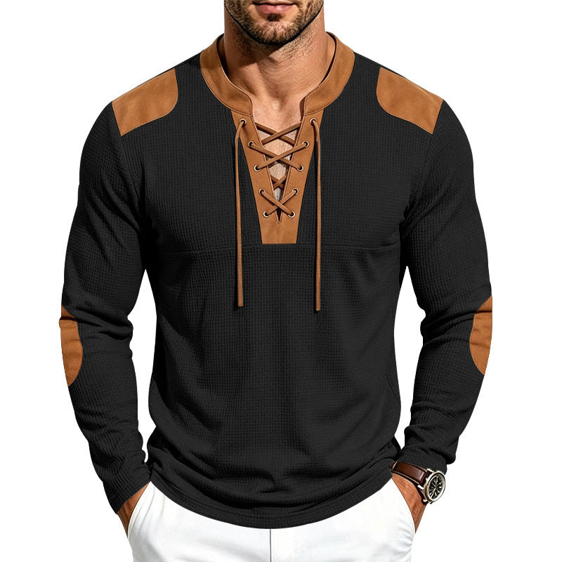 Men's waffle texture henley with lace-up collar and faux leather patches Mune Fashion