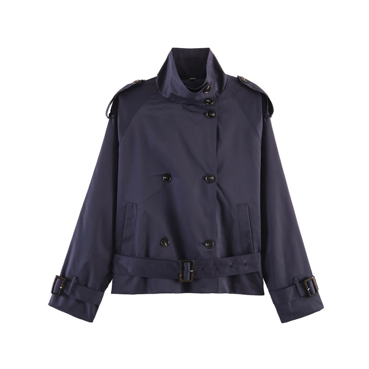 Women's cropped trench coat with standing collar double button placket and waist belt Mune Fashion