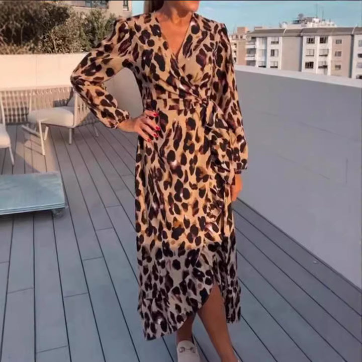 Women’s wrap midi dress with animal print, V-neck, waist belt, and asymmetrical ruffle Mune Fashion