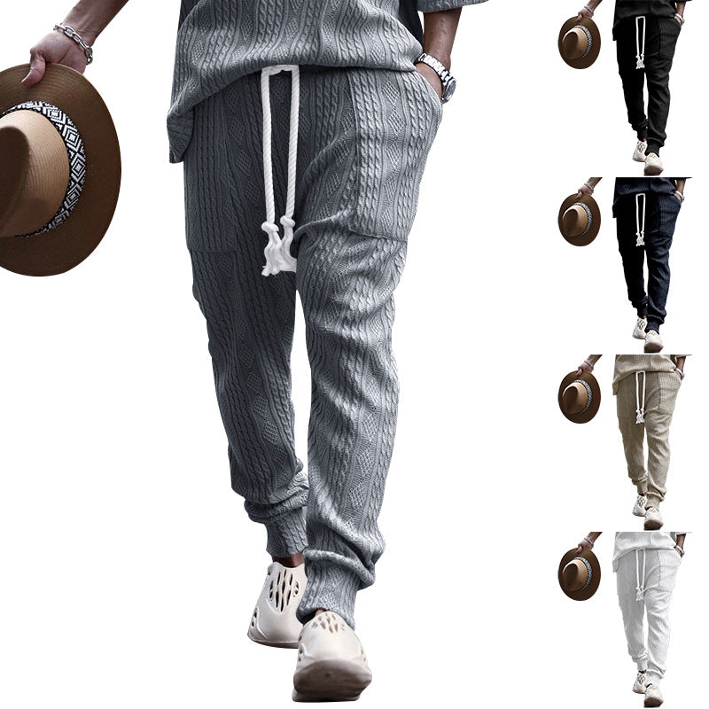 Men's knitted jogging pants with cable pattern, drawstring with cord and ribbed leg cuffs Mune Fashion
