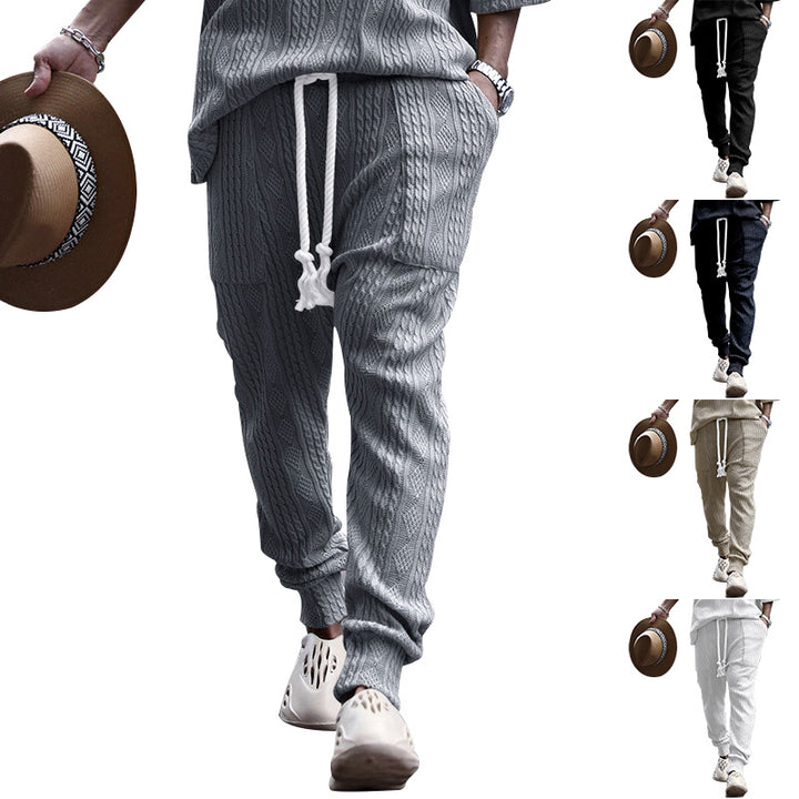 Men's knitted jogging pants with cable pattern, drawstring with cord and ribbed leg cuffs Mune Fashion