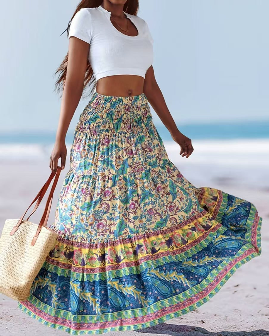 Women's maxi skirt with elastic smocked waistband and flowing paisley print Mune Fashion