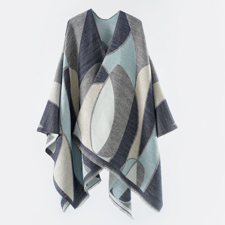 Women's Oversize Poncho with V Neck and Geometric Jacquard Design Mune Fashion