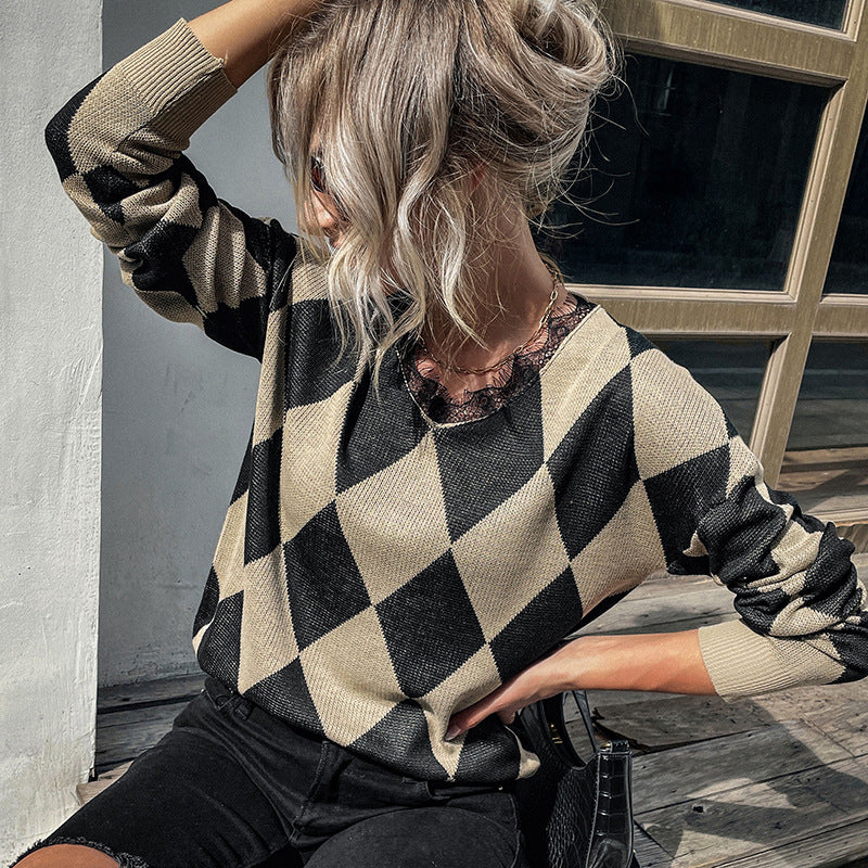 Women's diamond-pattern knitted sweater with loose fit and ribbed cuffs Mune Fashion