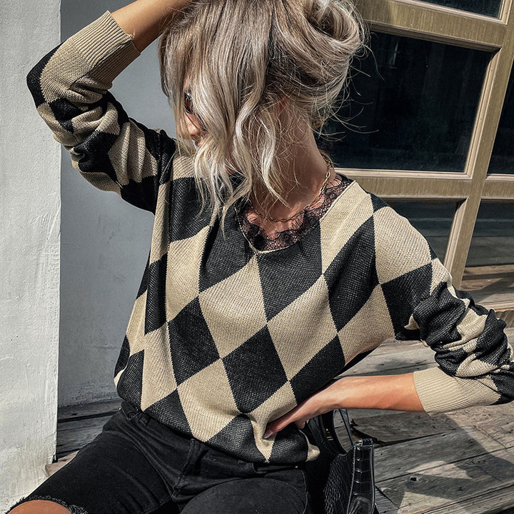 Women's diamond-pattern knitted sweater with loose fit and ribbed cuffs Mune Fashion