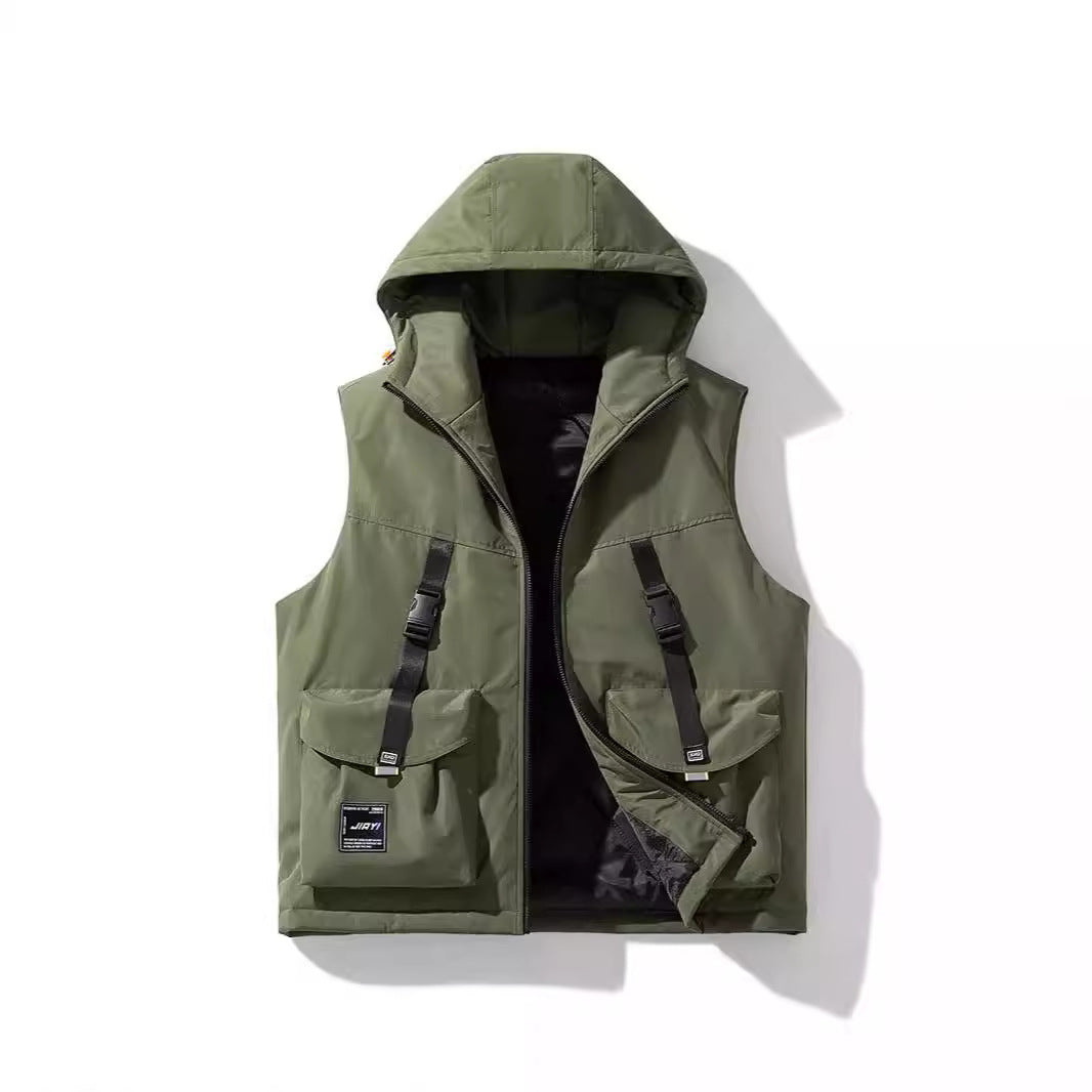 Men's Technical Outdoor Vest with Hood, Quilted Insulation and Multifunctional Cargo Pockets Mune Fashion