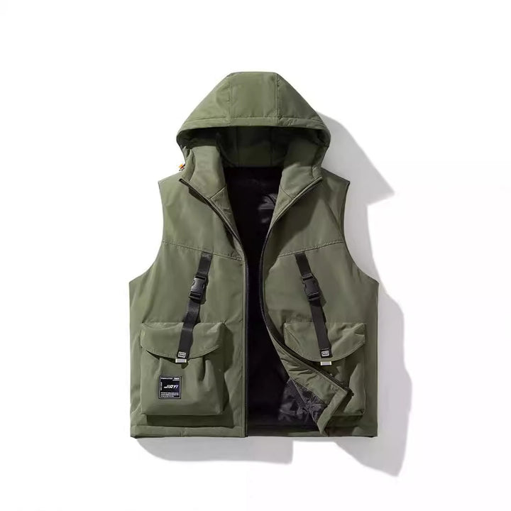 Men's Technical Outdoor Vest with Hood, Quilted Insulation and Multifunctional Cargo Pockets Mune Fashion
