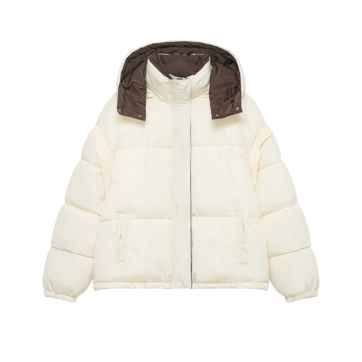 Women's Short Oversized Quilted Jacket with High Collar and Detachable Hood Drune