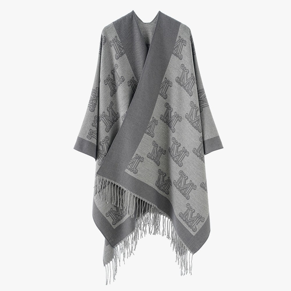 Women's Jacquard Monogram Cape with Open Sides and Fringes