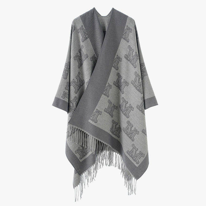 Women's Jacquard Monogram Cape with Open Sides and Fringes