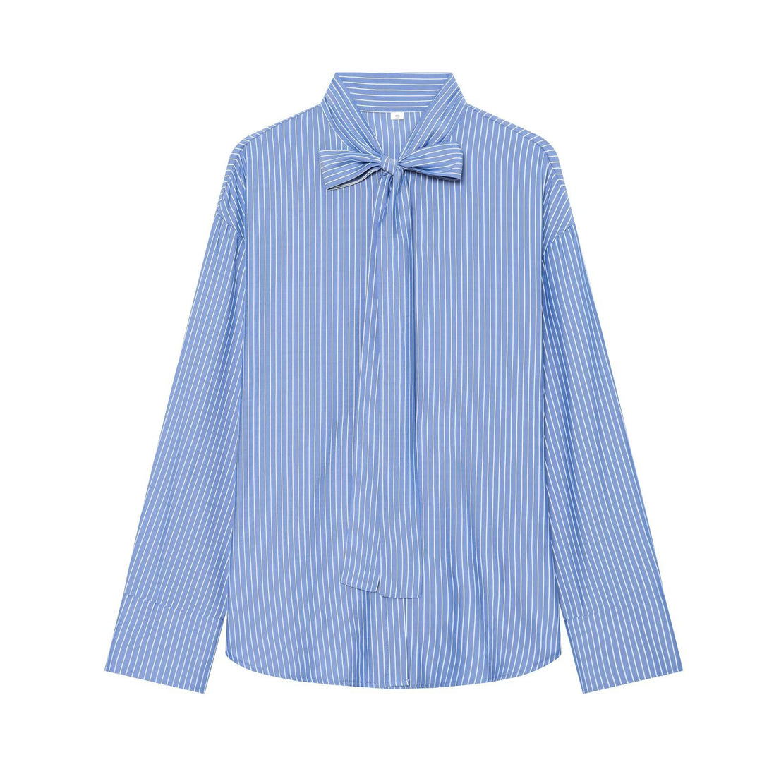Women's Loose Blouse with Bow Collar and Pinstripes Mune Fashion