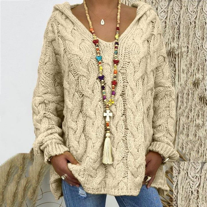 Women Oversized Cable Knit Sweater with Hood and Casual V-Neck Mune Fashion