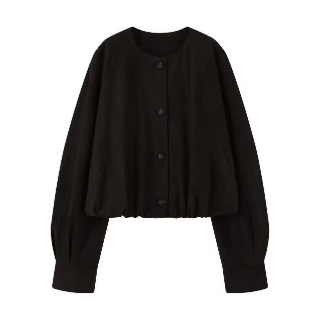 Women's short jacket in velour look with round neckline, balloon sleeves, and elastic hem Mune Fashion