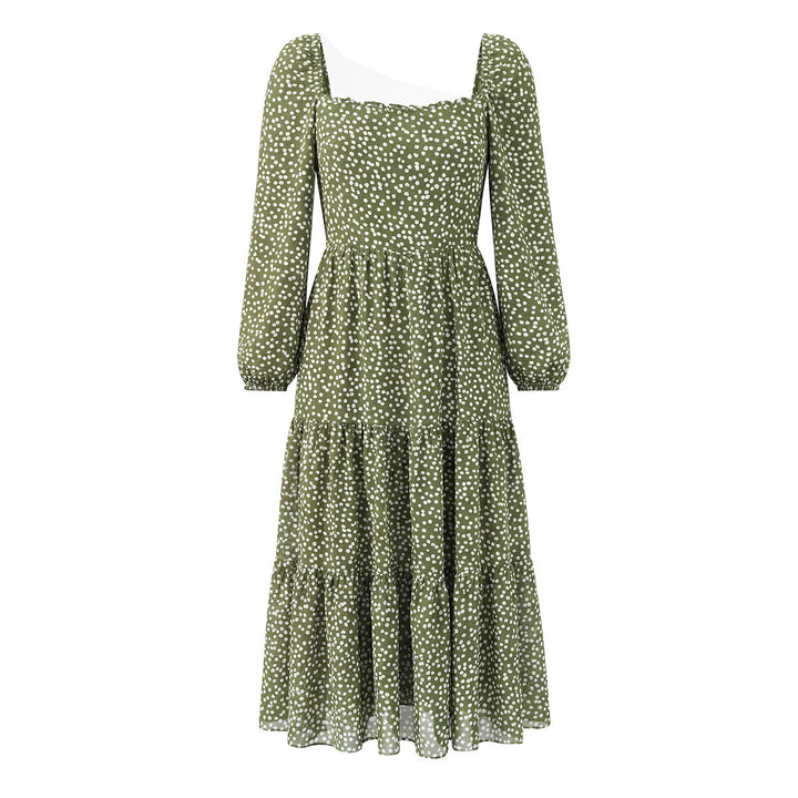 Women's midi dress in tiered design with square neckline and puff sleeves Mune Fashion