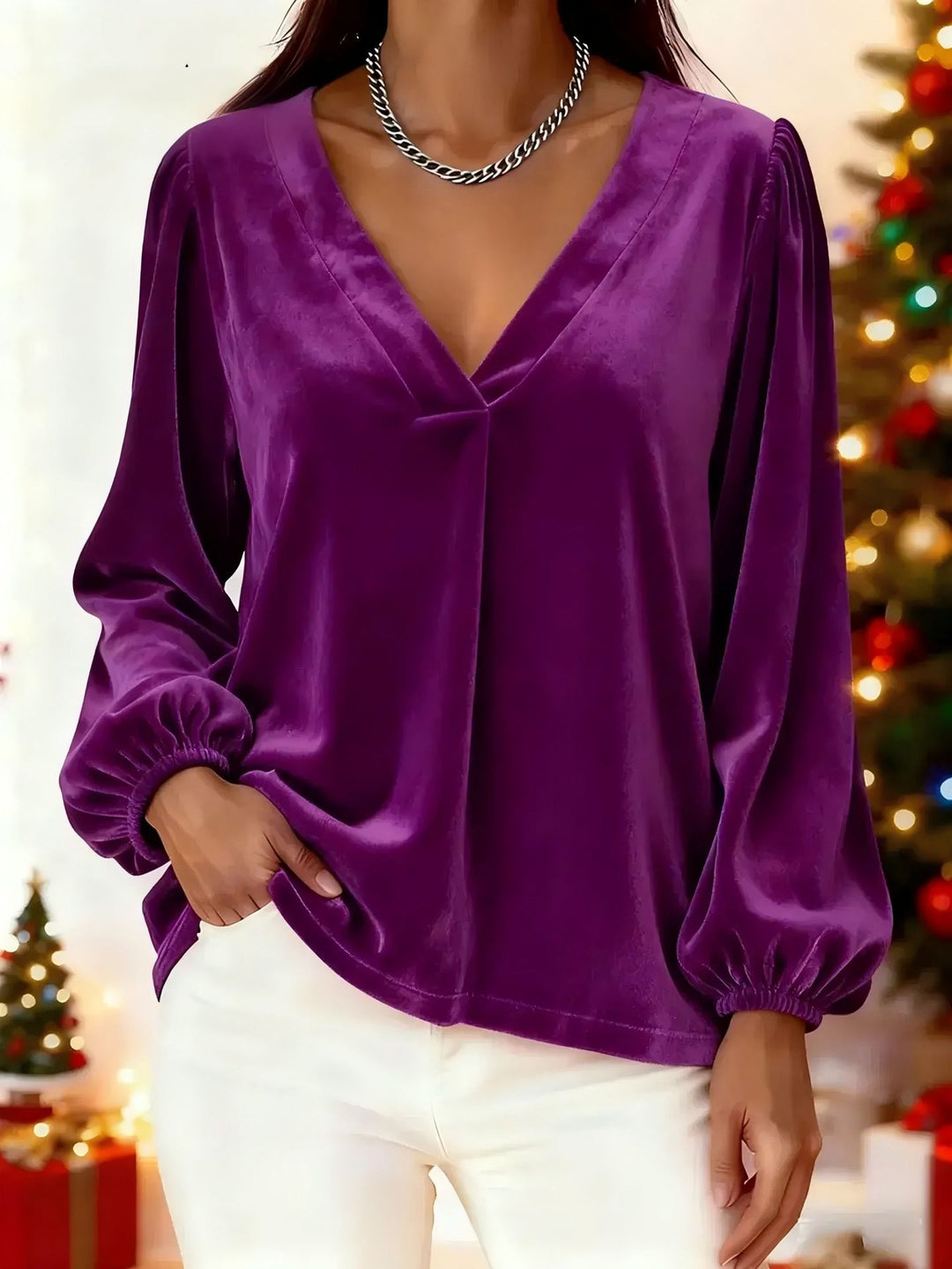 Women's Elegant Velvet Blouse with V-Neck Mune Fashion