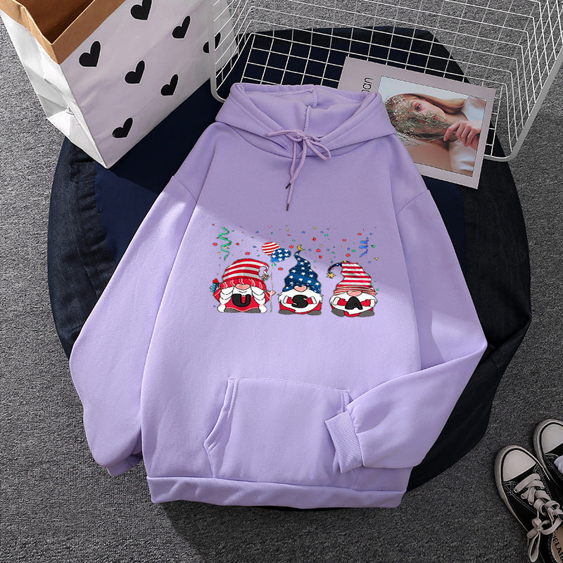 Women's hoodie with patriotic garden gnome print, brushed fleece lining, oversized cut, and kangaroo pocket Mune Fashion