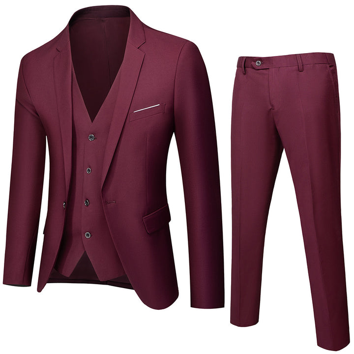 Men's three-piece business suit set with tailored single-breasted jacket, slim fit waistcoat, and elegantly cut suit pants Mune Fashion