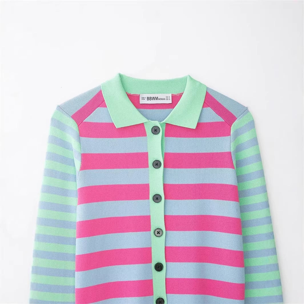 Women's Striped Short Knit Jacket with Polo Collar, Contrasting Button Placket and Ribbed Cuffs Mune Fashion
