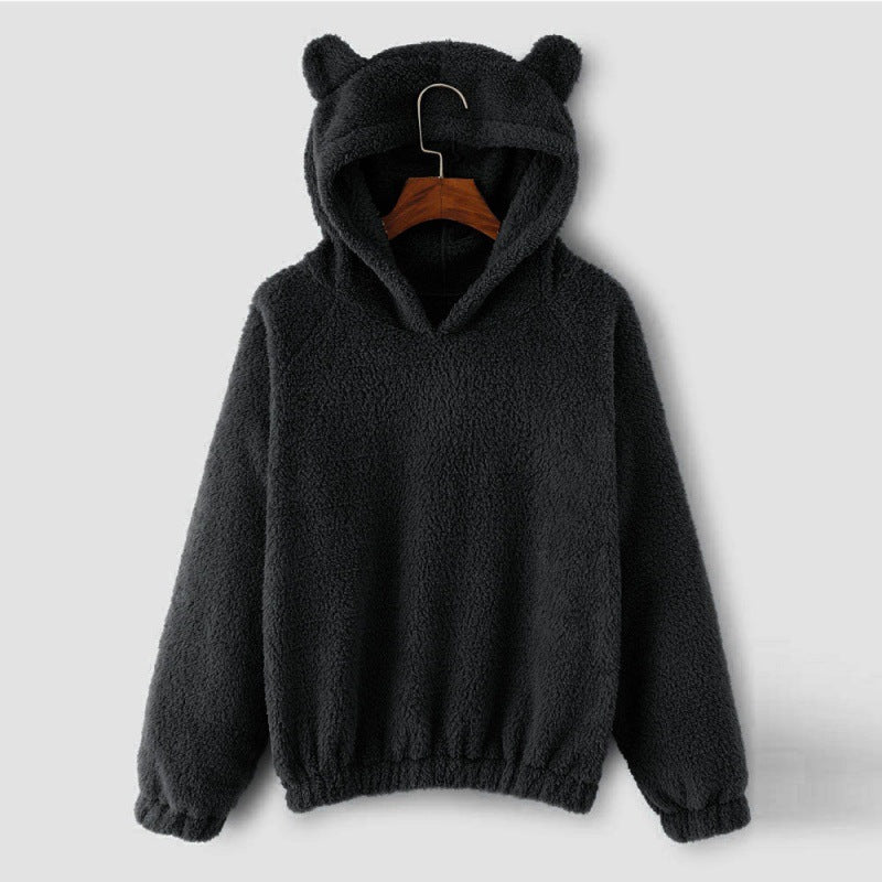 Women's Cozy Teddy Hooded Sweater with Bear Ears and Drawstring Hem Mune Fashion