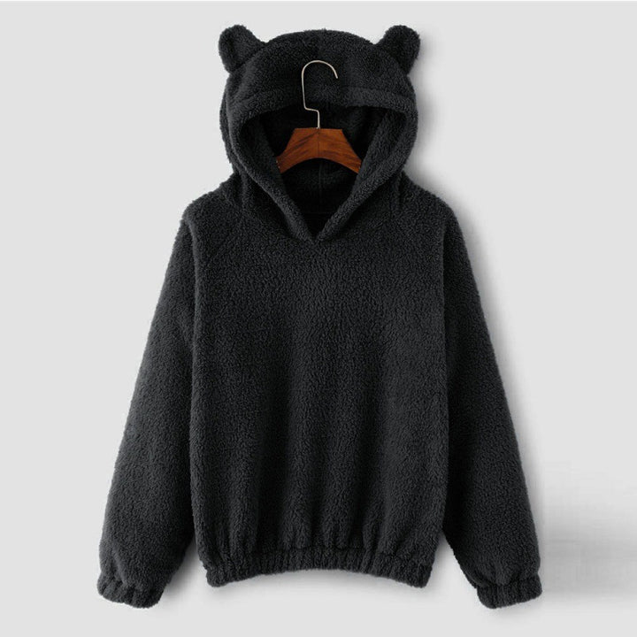 Women's Cozy Teddy Hooded Sweater with Bear Ears and Drawstring Hem Mune Fashion