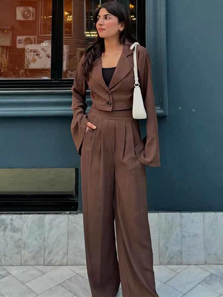 Women Two-Piece Tailoring Set Short Blazer with Bell Sleeves and High-Waist Palazzo Pants Mune Fashion