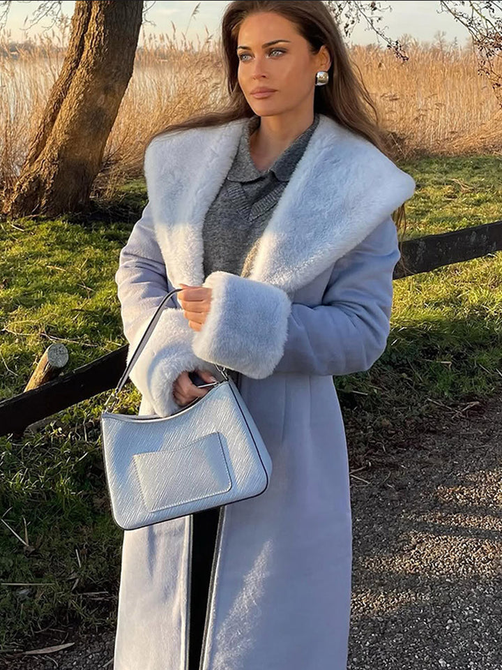 Women Elegant long-cut coat made of velour look with voluminous faux fur shawl collar Mune Fashion