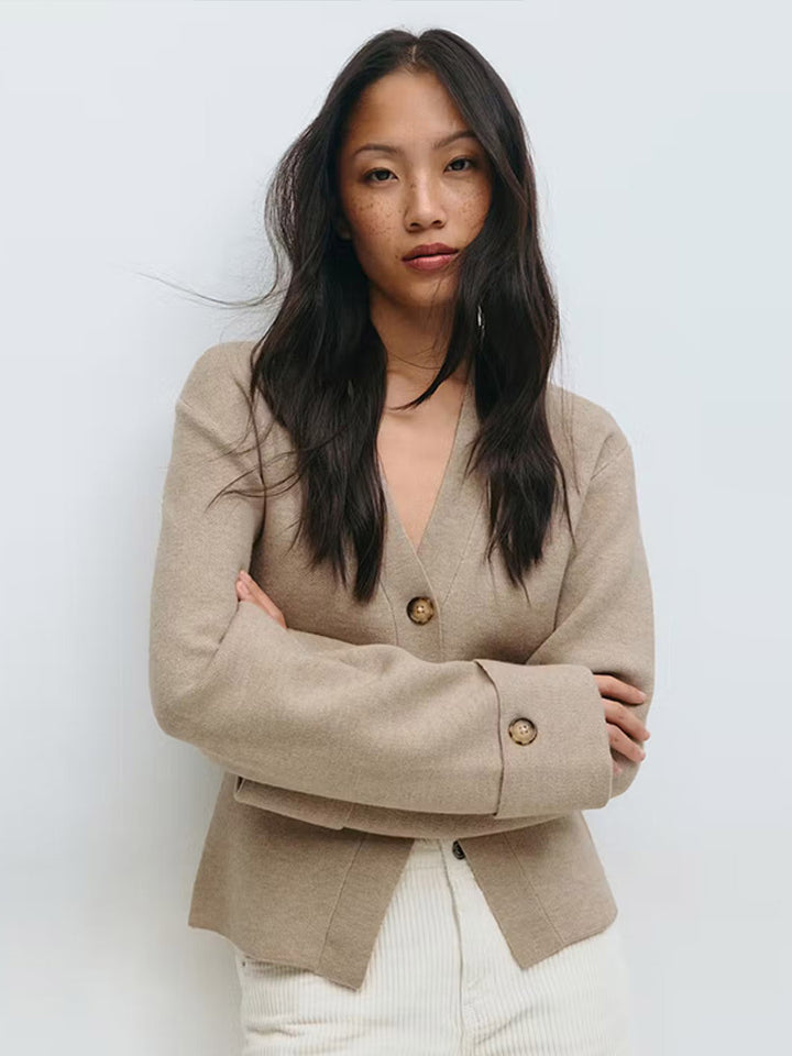 Women's Tailored Fine Knit Jacket with Deep V-Neck and Wide Cuffs Mune Fashion