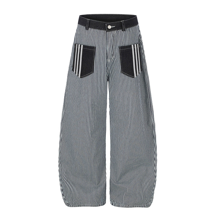Women Wide Striped Palazzo Culotte with High Waist, Belt Loops and Applied Contrast Pockets Mune Fashion