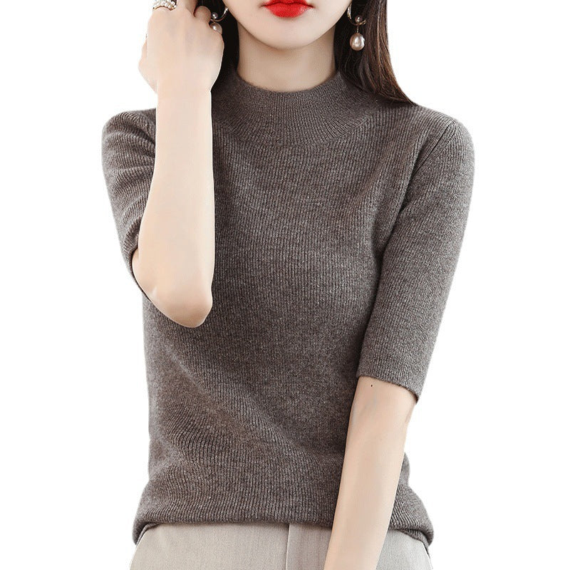 Women's Short Sleeve Fine Knit Sweater with Stand-Up Collar and Tailored Fit Mune Fashion