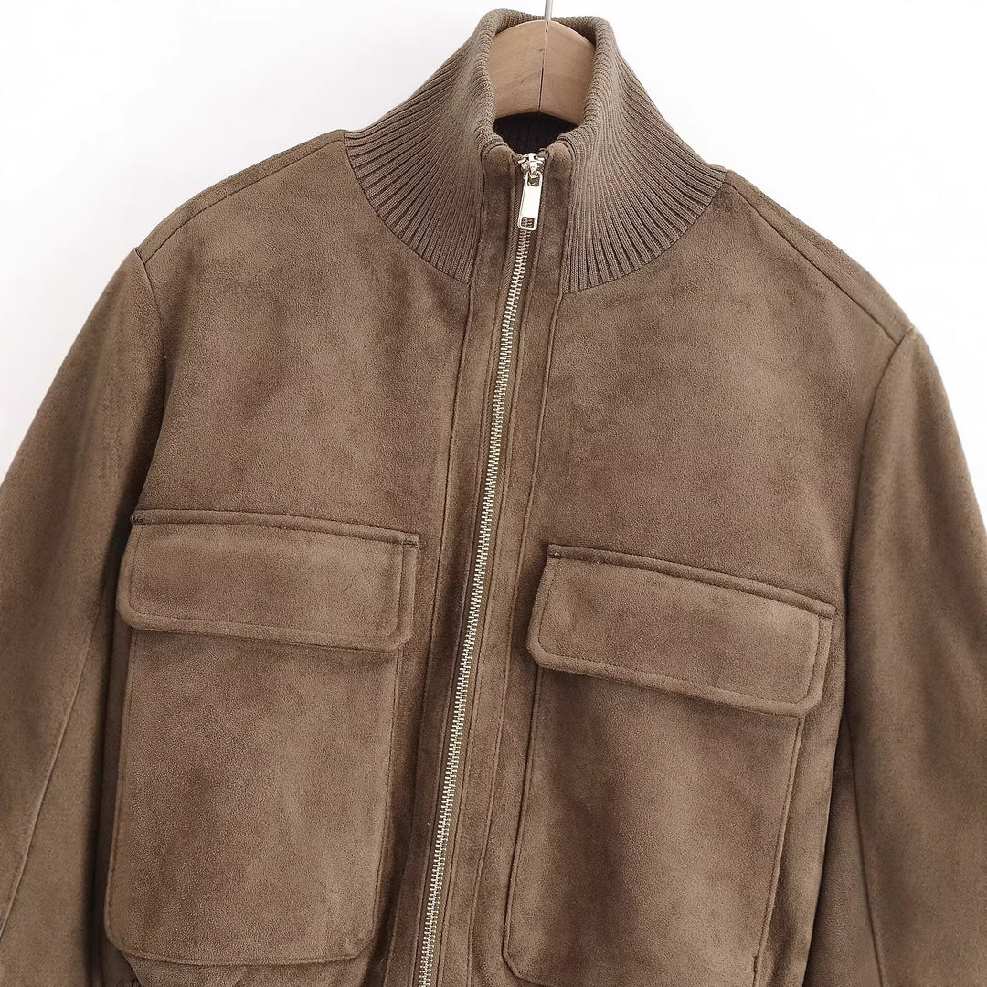 Women's bomber jacket made of suede look with large flap pockets and ribbed cuffs Mune Fashion