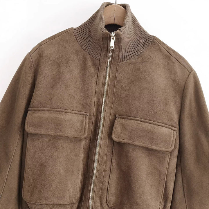 Women's bomber jacket made of suede look with large flap pockets and ribbed cuffs Mune Fashion