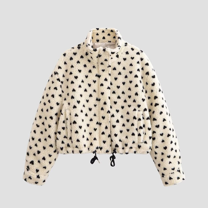 Women's teddy jacket with heart all-over, short boxy cut, stand-up collar and drawstring Mune Fashion
