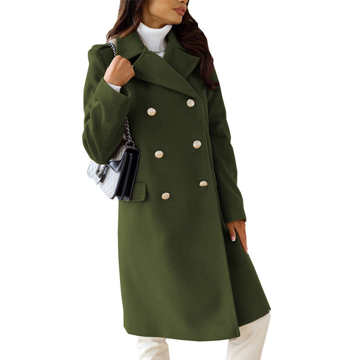 Women's tailored wool blend long coat with double button placket, lapel collar, and flap pockets Mune Fashion