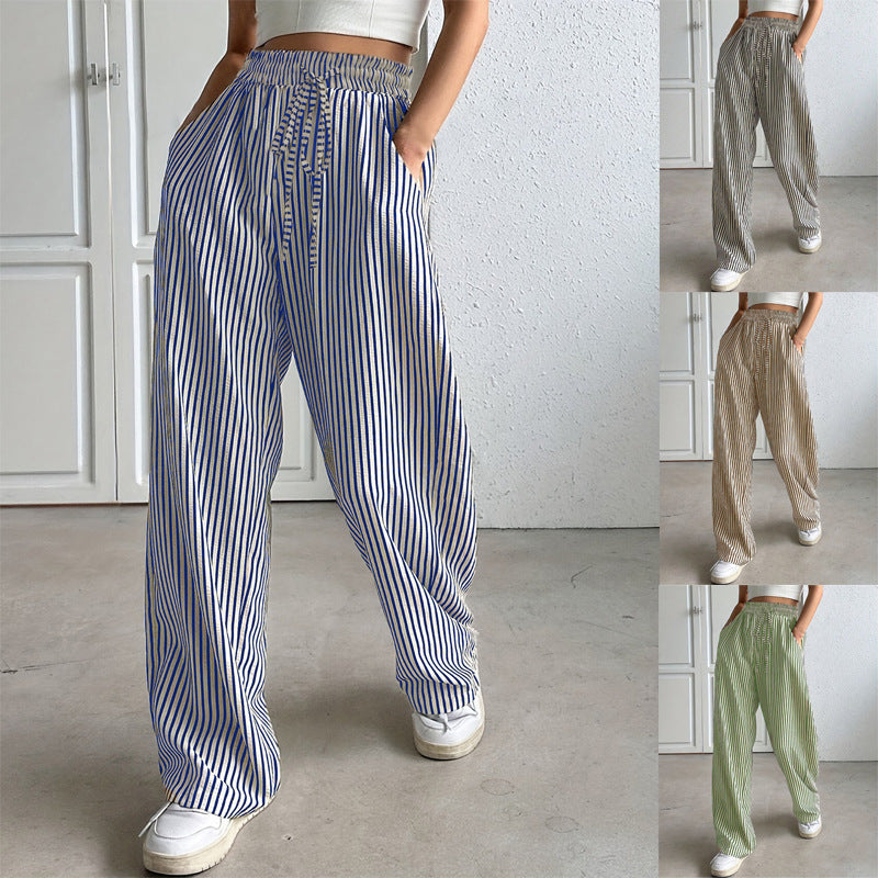 Women's Marlene striped pants made of linen blend with wide leg, elastic waistband and drawstring Mune Fashion