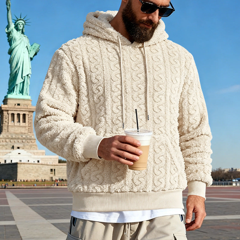 Men's Lined Sherpa Hoodie with Cable Knit Pattern and Hood Mune Fashion