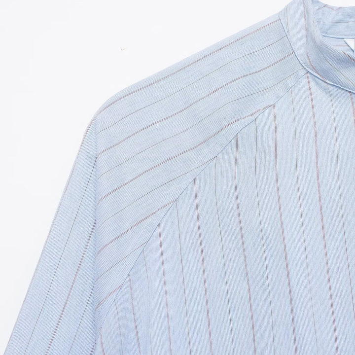 Women's Oversized Striped Shirt Blouse with Stand-Up Collar, Asymmetrical Button Placket and High-Low Hem Mune Fashion