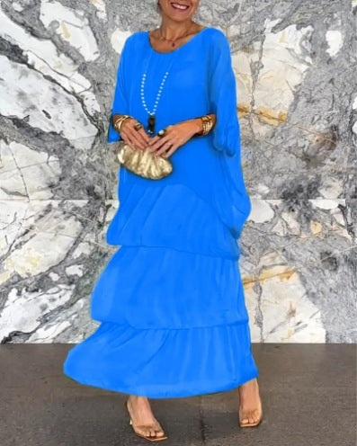 Women's ankle-length tiered dress with wide batwing sleeves and loose silhouette Mune Fashion
