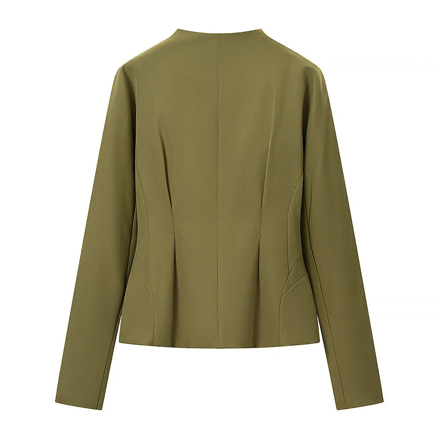 Women nan tailored short blazer with stand-up collar, cut-out front and concealed decorative seams Mune Fashion