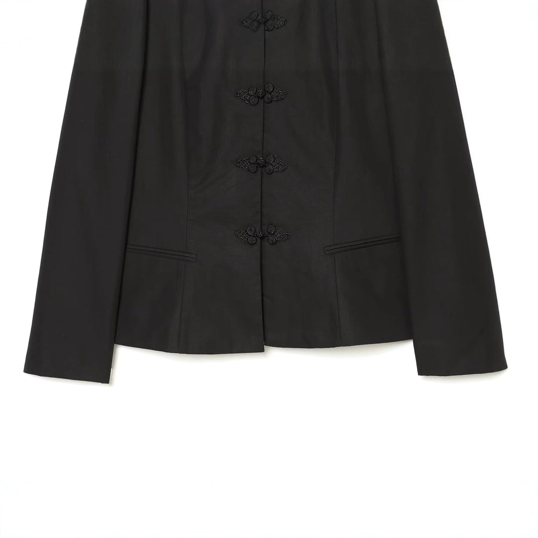 Women's Tailored Short Blazer with Mandarin Stand Collar and Decorative Frog Closures Mune Fashion