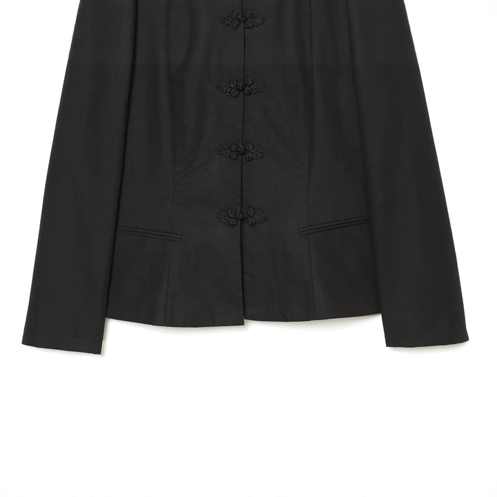 Women's Tailored Short Blazer with Mandarin Stand Collar and Decorative Frog Closures Mune Fashion