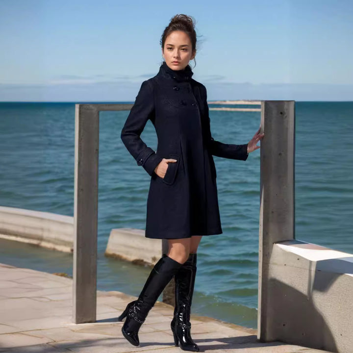 Women's A-line wool mix coat with high hood and double-button placket Mune Fashion