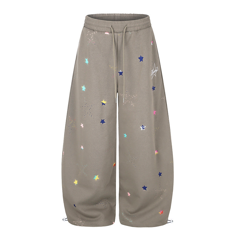 Women's Extra Wide Palazzo Sweatpants in Balloon Cut with Elastic Comfort Waistband, Drawstring, and Star Application Mune Fashion