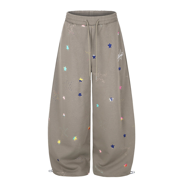 Women's Extra Wide Palazzo Sweatpants in Balloon Cut with Elastic Comfort Waistband, Drawstring, and Star Application Mune Fashion