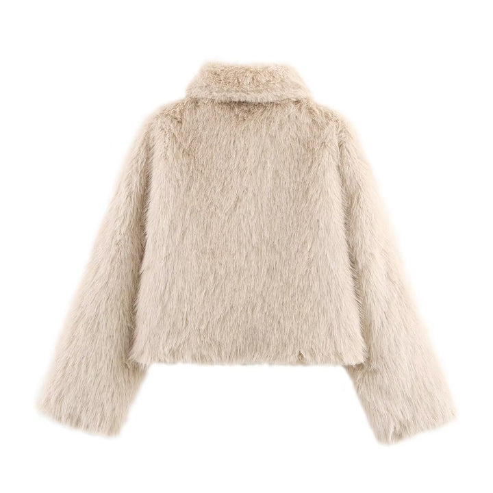 Ladies Short Fluffy Faux Fur Jacket with Lapel Collar and Straight Hem Mune Fashion
