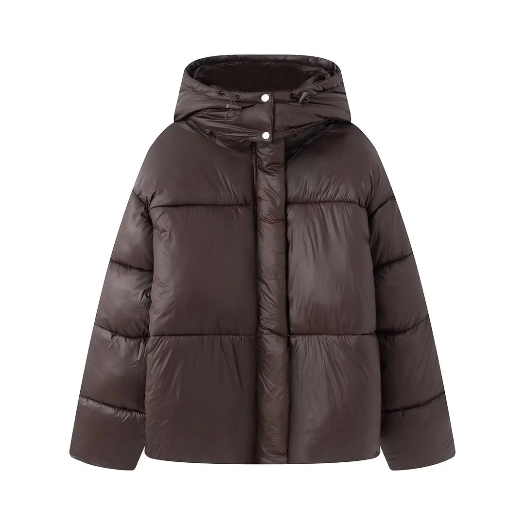 Women's casual padded short jacket with hood, high collar and concealed snap button placket Mune Fashion