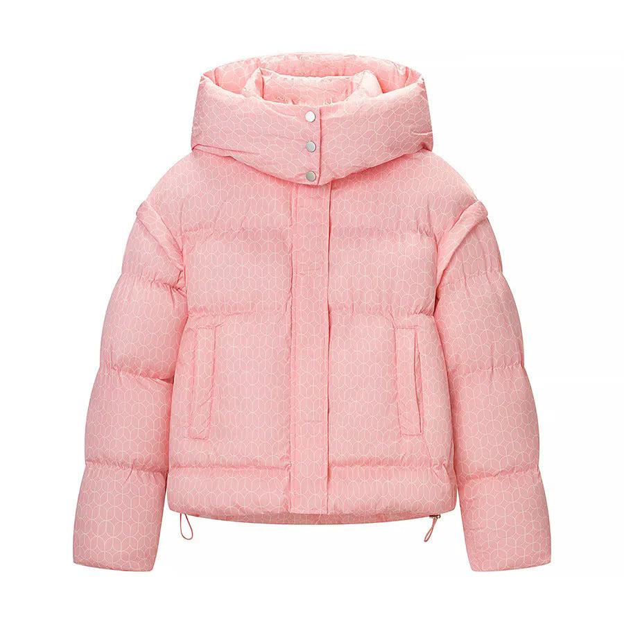 Women nan short boxy quilted jacket with graphic quilt pattern, large hood, concealed snap button placket and drawstring hem Mune Fashion