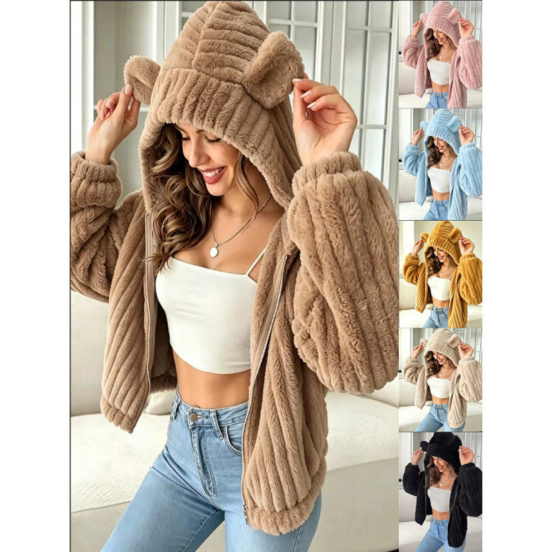 Women's Cozy Teddy Hooded Jacket with Plush Texture and Hood Ears Mune Fashion