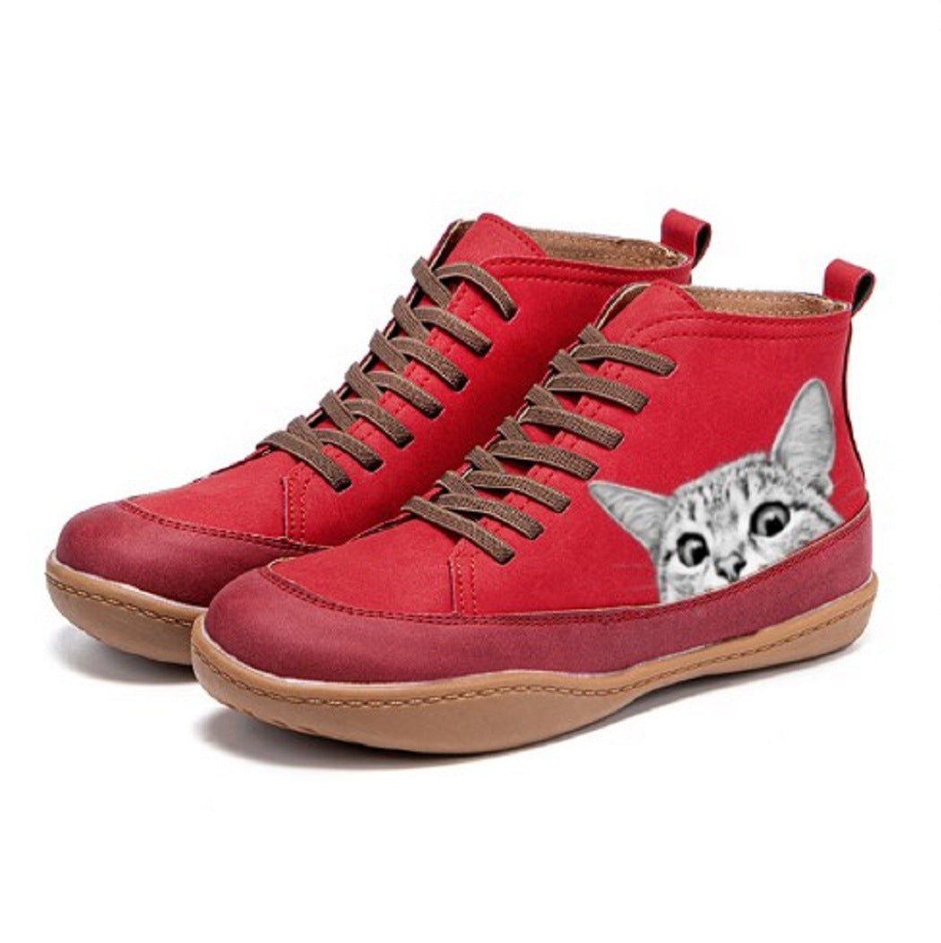 Women's ankle-high sneakers with cute cat motif embroidery and ergonomic comfort insole Mune Fashion